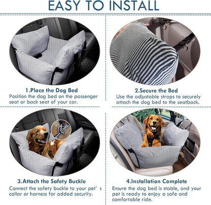 Dog Car Seat for Small/Medium Dogs Under 40 lbs - Elevated Pet Seat with Safety Belt, Non-Slip Base, and Storage Pockets for Car Travel (Navy, 30 x 20.5 inch)