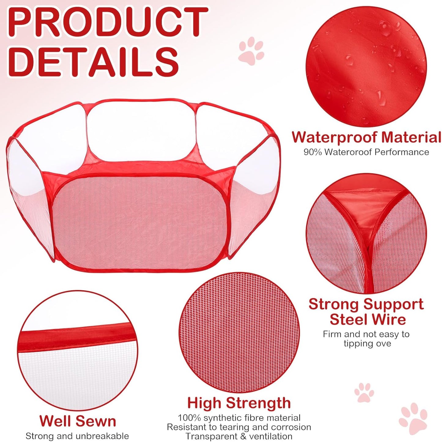 VitalCozy Hamster Playpen with Mat Small Animal Cage Tent Breathable Transparent Guinea Pig Playpen Waterproof Portable Yard Fence Mat Foldable Exercise Cage Outdoor Indoor (Red,Christmas Plaid)