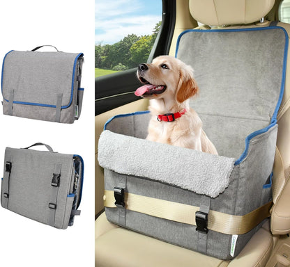 JESPET & GOOPAWS Dog Car Seat, Portable Dog Car Travel Bed with Clip-On Safety Leash, Briefcase Shape Waterproof Dog Booster Car Seat, Suitable for Pets Up to 25lbs