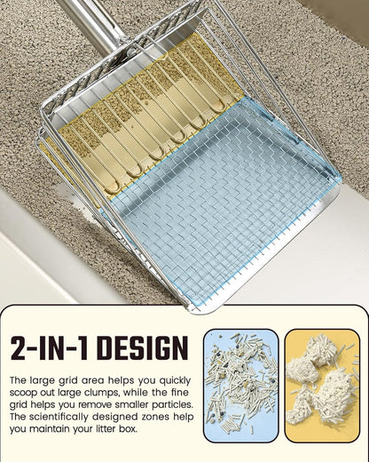 Cat Litter Scoop - Stainless Steel Metal Cat Litter Scoop -Large Size, Deep Shovel, Long Handle, Poop Sifting, Durable, Heavy Duty,Kitten Pooper Lifter for Litter Box