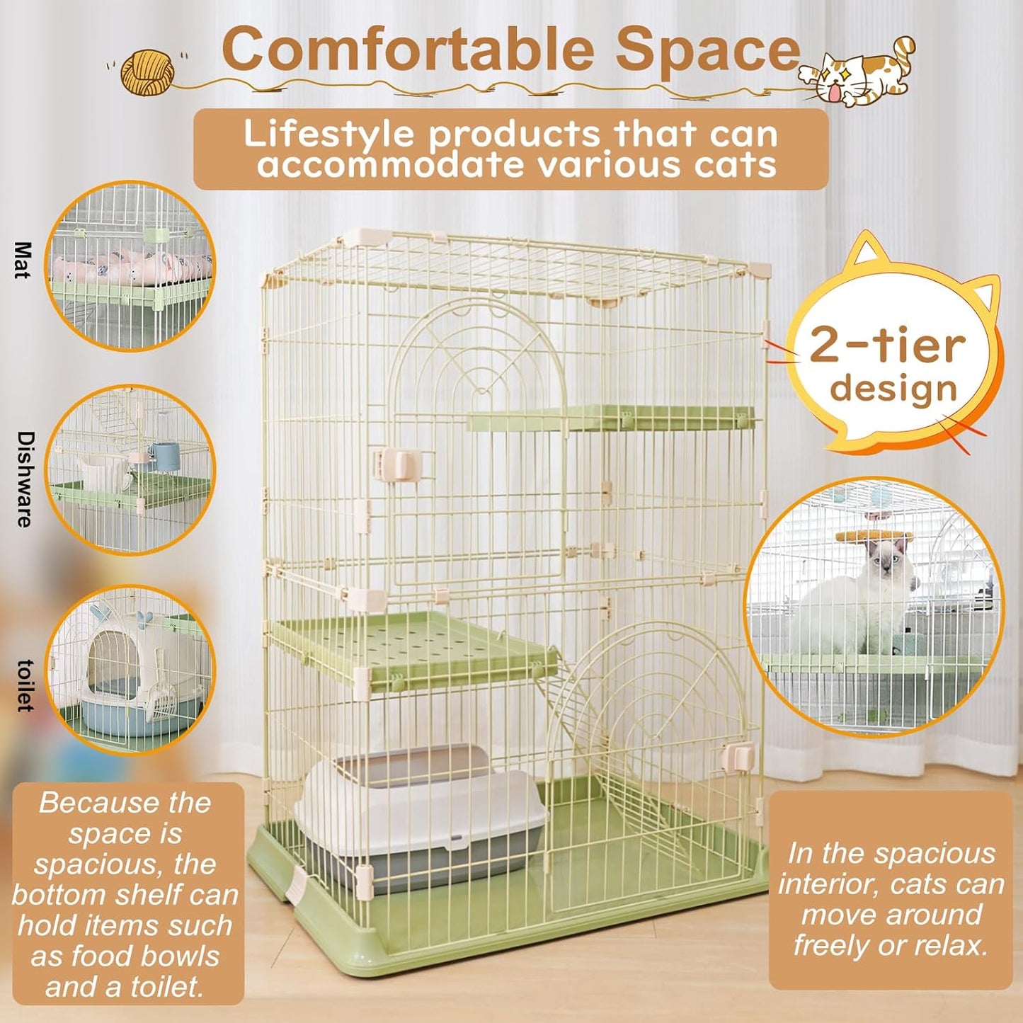 Cat Cage 2-Tier Indoor Cat Enclosure with Widen Bottom Buckle & Reinforced Locking Clamps DlY Cat Playpen for 1-2 Cats & Small Pets,30" Lx 20" W X 35" H (Green, Two-Tier35")