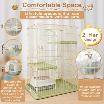 Cat Cage 2-Tier Indoor Cat Enclosure with Widen Bottom Buckle & Reinforced Locking Clamps DlY Cat Playpen for 1-2 Cats & Small Pets,30" Lx 20" W X 35" H (Green, Two-Tier35")