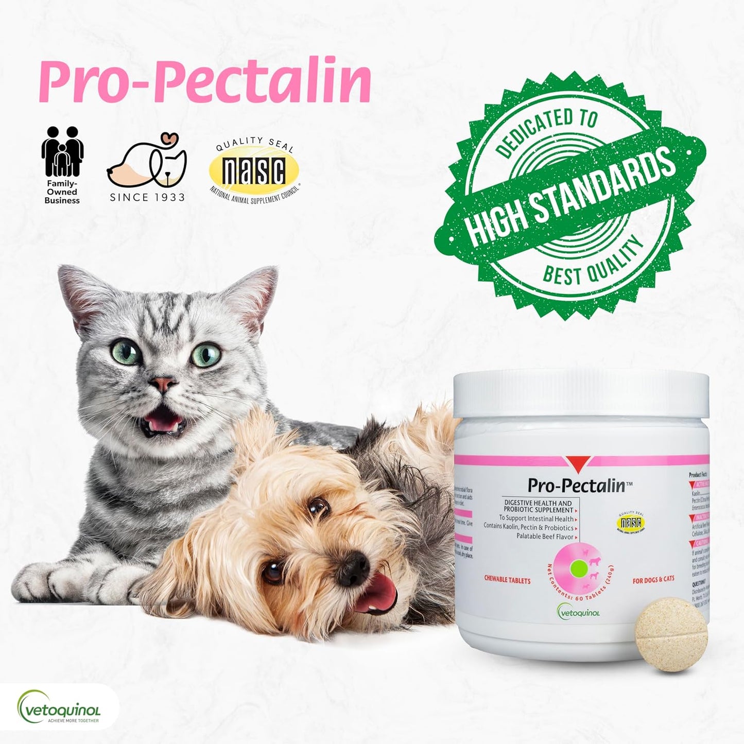 Vetoquinol Pro-Pectalin Chewable Tablets for Dogs & Cats, Helps Relieve Occasional Diarrhea, Situational Diarrhea Relief with Kaolin and Pectin, Contains Beneficial Probiotic Bacteria, 60ct