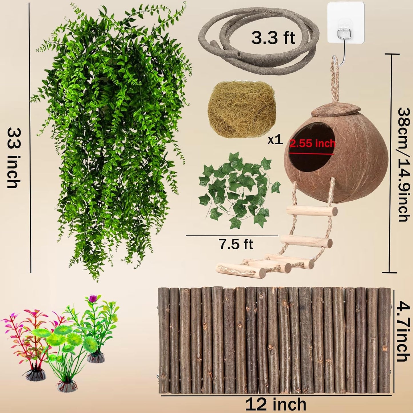 HERCOCCI Crested Gecko Tank Accessories, Reptile Hanging Plants Vines with Coconut Shell Ladder Hideout Hermit Crab Decor for Lizard, Chameleon Cage, Snakes, Hermit Crab, Leopard Gecko