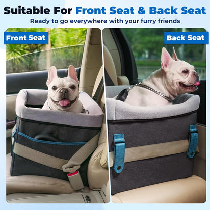 BurgeonNest Dog Car Seat for Small Dogs, Cozy Dog Booster Car Seat with Unique Safety Buckles,Puppy Carseat Covered with Double-Thick Plush, with Clip-on Leash Suitable for Small Pets Up to 20lbs