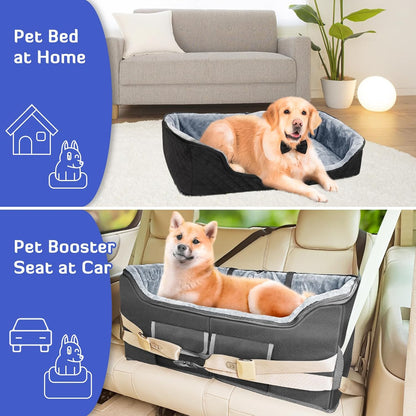 INFANZIA Dog Car Booster Seat, Elevated Pet Car Seats for Large Medium Dogs with Safety Leash, Washable Lookout Puppy Travel Seat with Storage Pockets for Pets Under 55 lbs (Large, Black)