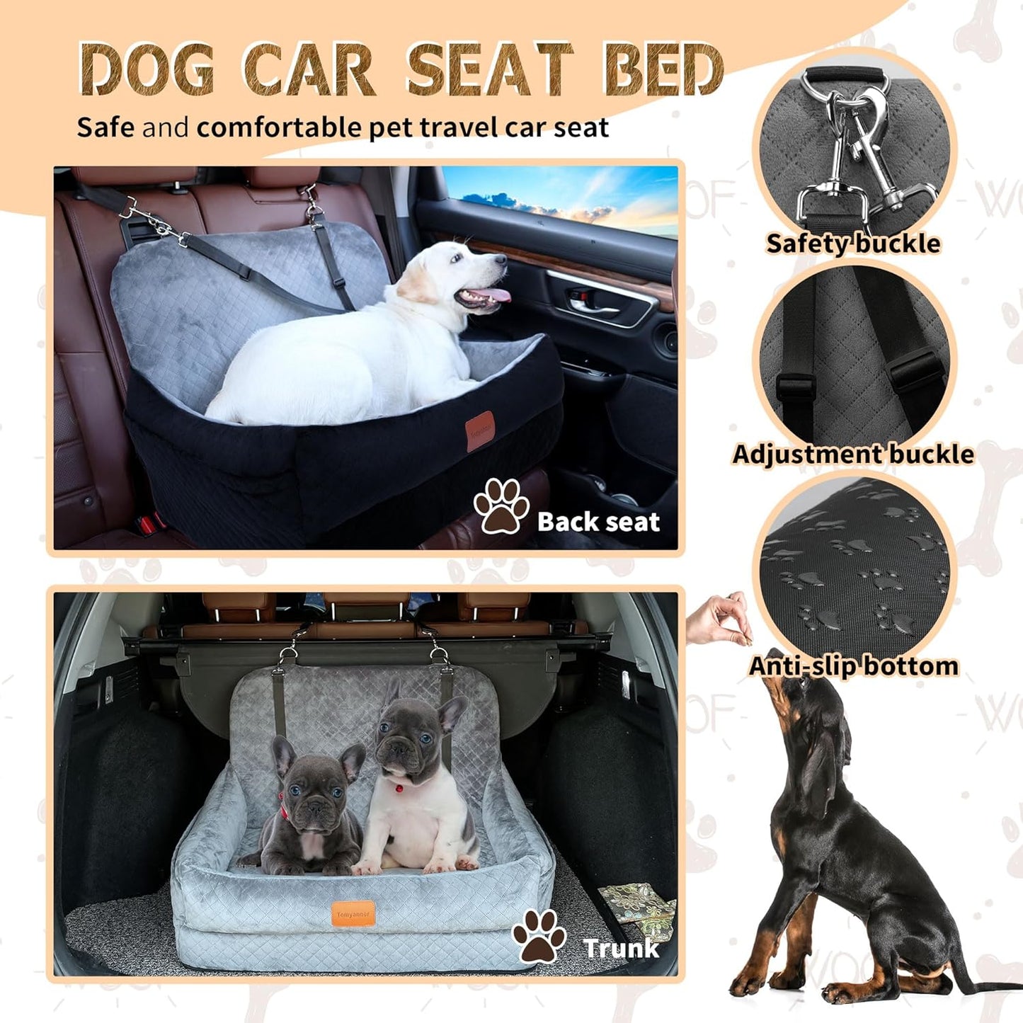 Dog Car Seat for Medium/Large Dogs Under 50 lbs,Contains 4 Inches of Memory Foam Pet Booster Seat with 2 Safety Leashes,Detachable & Washable Car Bed，Multi-Functional Pet Travel Bed with Pockets