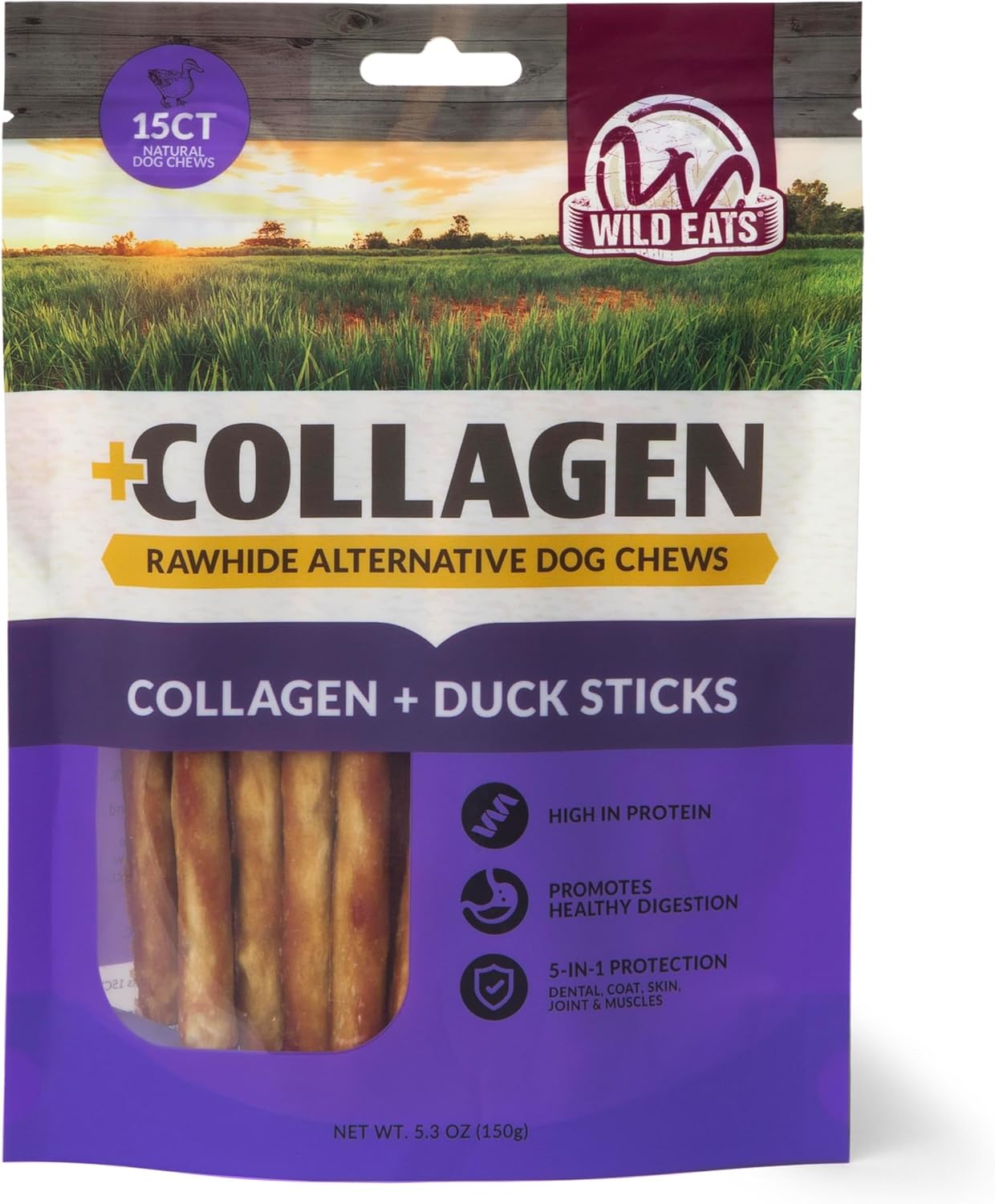 Wild Eats Real Duck Collagen Retriever Sticks for Dogs, (15 Count) - Long Lasting Dog Chew Treat, Rawhide Free, Low Fat, High Protein, Grain Free