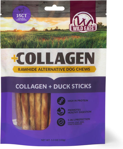 Wild Eats Real Duck Collagen Retriever Sticks for Dogs, (15 Count) - Long Lasting Dog Chew Treat, Rawhide Free, Low Fat, High Protein, Grain Free