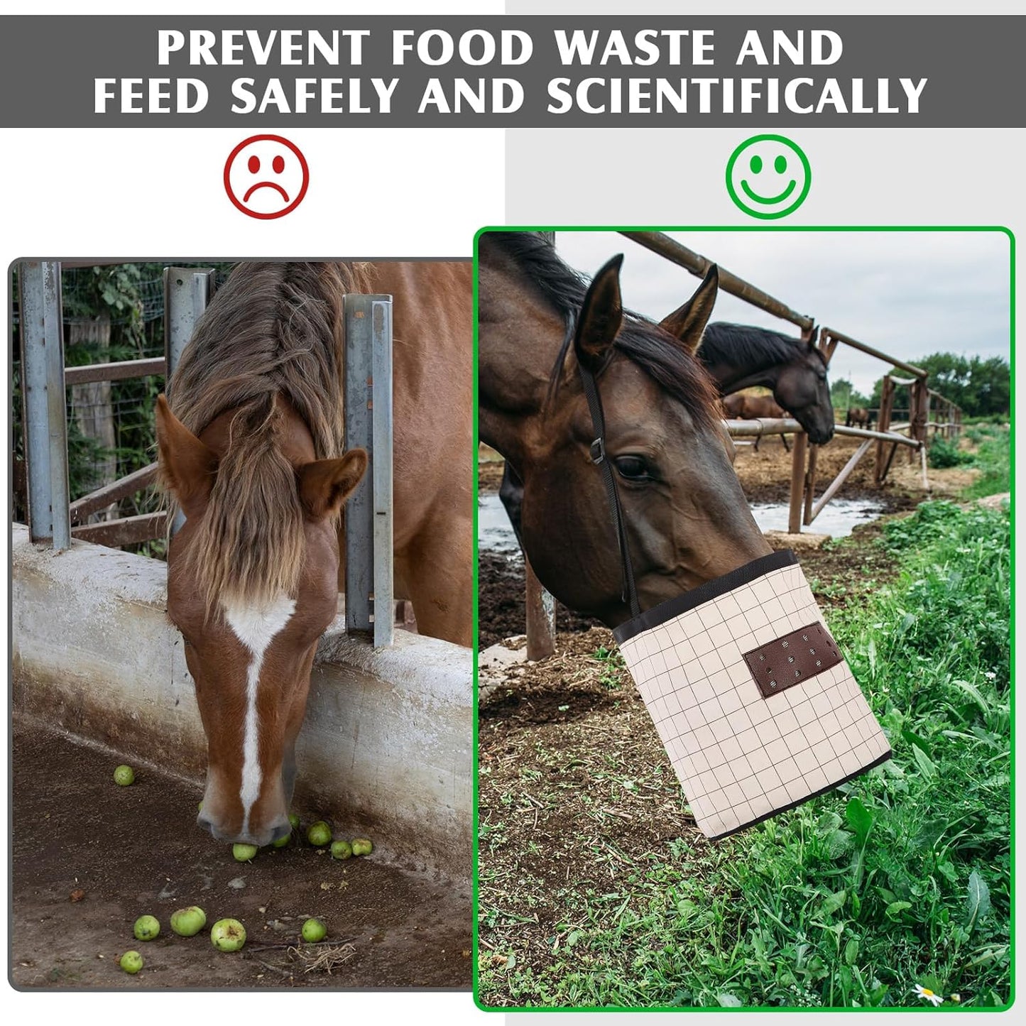 2 Pack Horse Feed Bags 13 Inch in Depth Vented Leather Canvas Horse Food Bucket with Adjustable Strap Waterproof Hay Feeding Supplies, Safety and No-Spill Flap Design