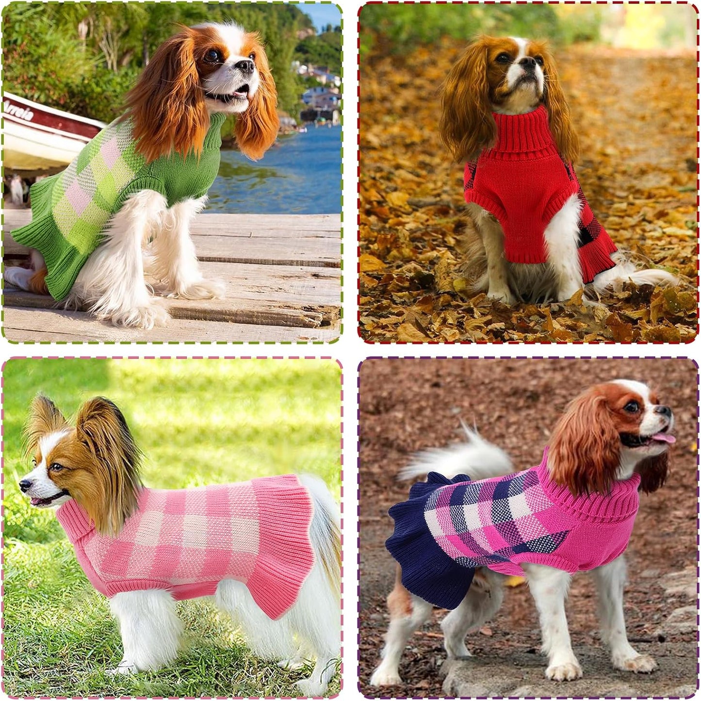 Dog Sweater Dress Plaid Knitwear for Small Medium Dogs Warm Puppy Pet Turtleneck Stretch Pullover Cute Fall Winter Vest Clothes with Leash Hole for Christmas (Navy, L)