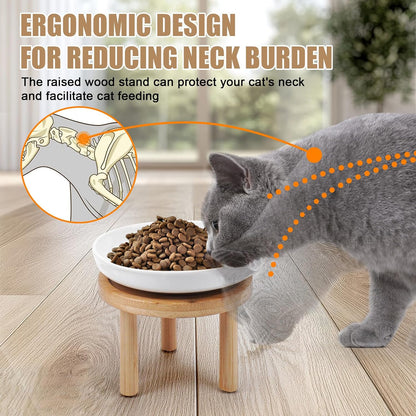 Shallow Elevated Cat Bowls with Bamboo Stand, 5.9 Inch Raised Slow Feeder Cat Bowl and Wide Ceramic Cats Bowls Whisker Friendly, 2 Pack Pet Dishes for Dry and Wet Food Dishwasher Safe