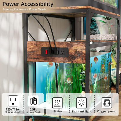 VOWNER 20-29 Gallon Fish Tank Stand with Power Outlet, Wood Aquarium Stand with Shelves for Fish Tank Accessories Storage, Heavy Duty Metal Frame, Turtle Reptile Terrarium Stand, Load 500lb, Brown