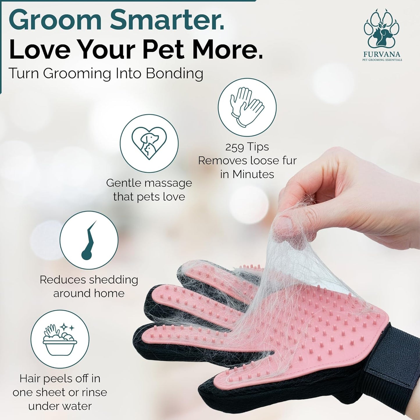 Pet Grooming Gloves for Dogs & Cats – Premium 259-Tip Deshedding & Massage Mitts, Easy-Peel Hair Removal, Adjustable Strap, 1 Pair (Blue/Pink) (Pink)