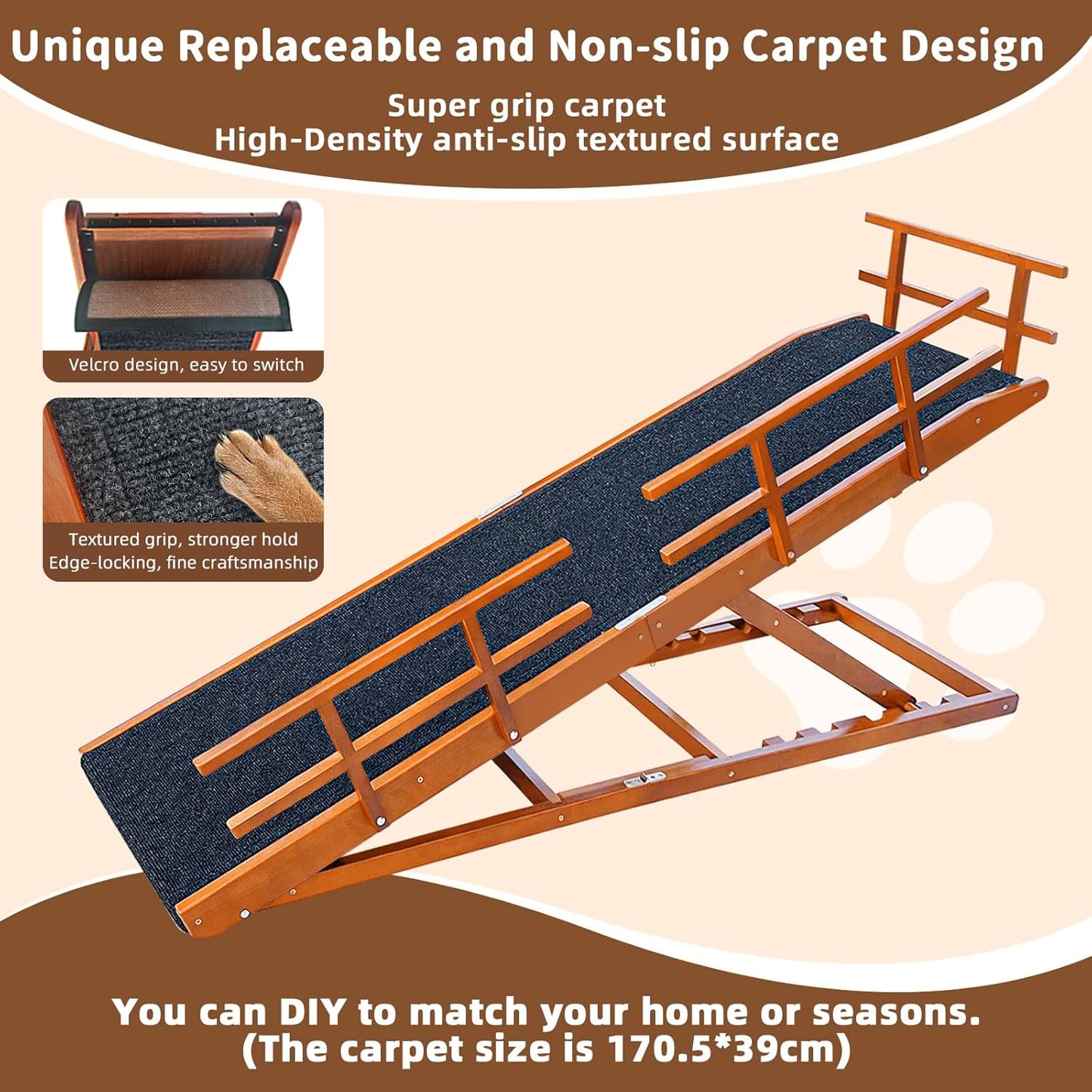 Dog Ramp for Bed - 65" Length, Supports up to 32" Height,Includes Non-Slip Replaceable Carpet, Safety Rails & Landing Platform,Adjustable & Foldable Pet Ramp for Large/Senior Dogs to Get on Bed