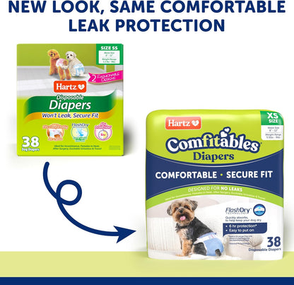 New! Hartz Comfitables Disposable Dog Diapers, Size XS 38 count, Comfortable & Secure Fit, Easy to Put On, Super Absorbent Male and Female Diaper