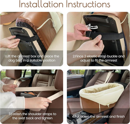 Dog Car Seat for Small Dogs, Washable Dogs Bed with Non-Slip Base, Waterproof Dog Booster Seat for Car with Storage Pockets, Pet Carseat Puppy Travel Carrier Bed (Brown)