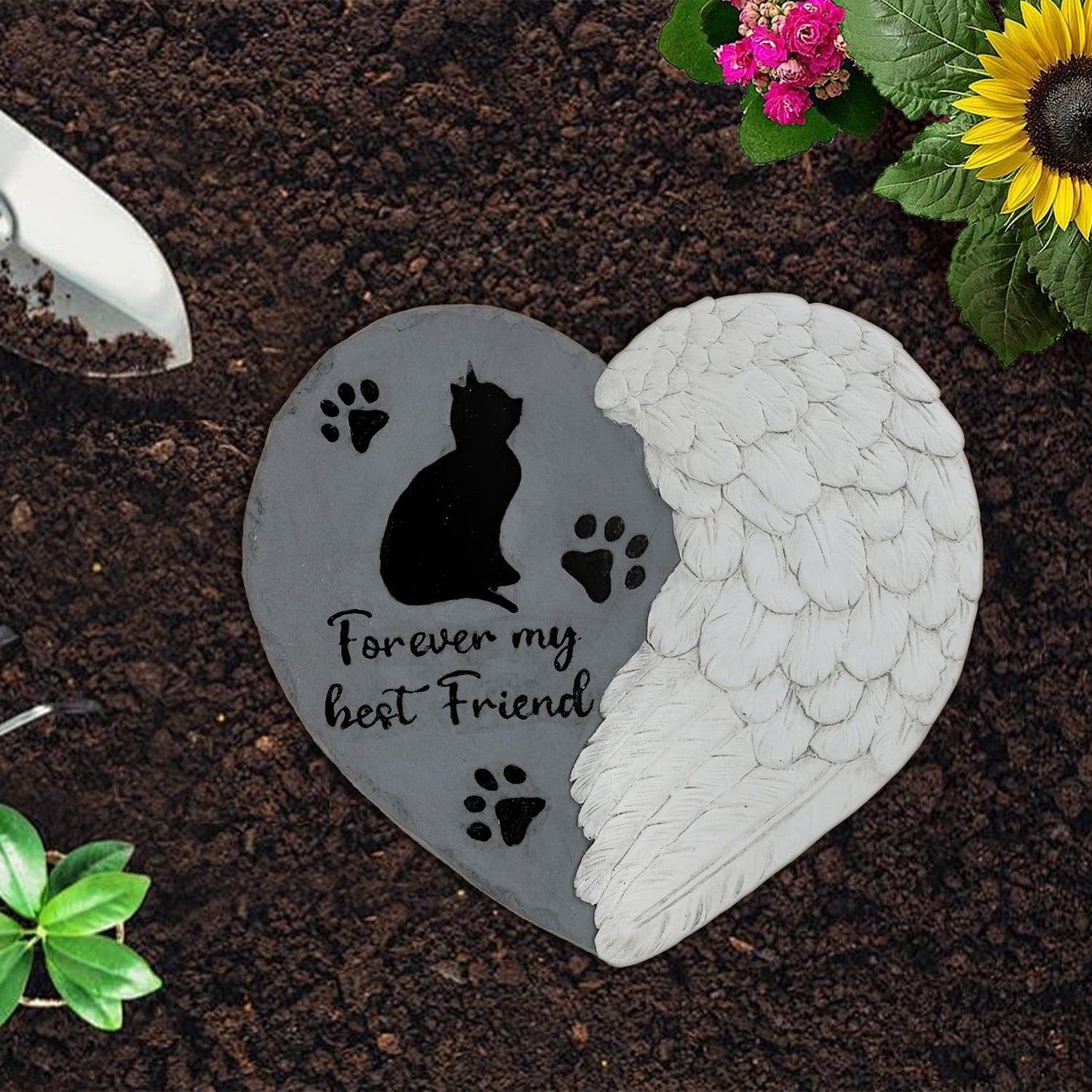 Cat Memorial Stone 10” Heart with Wings Outdoor Pet Grave Marker Cement Garden Remembrance Stone Sympathy Gift for Loss of Cat Angel Paw Design