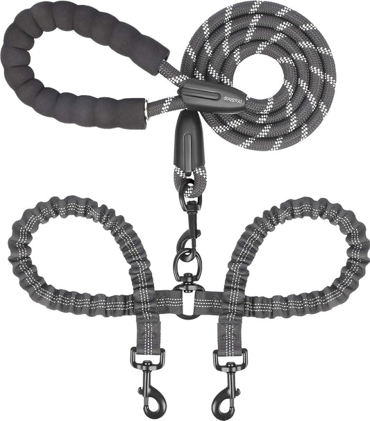 iYoShop Dual Dog Leash - 360° Swivel, No Tangle Walking Leash with Shock Absorbing Bungee for Two Dogs (Large, 25-150 lbs, Black)