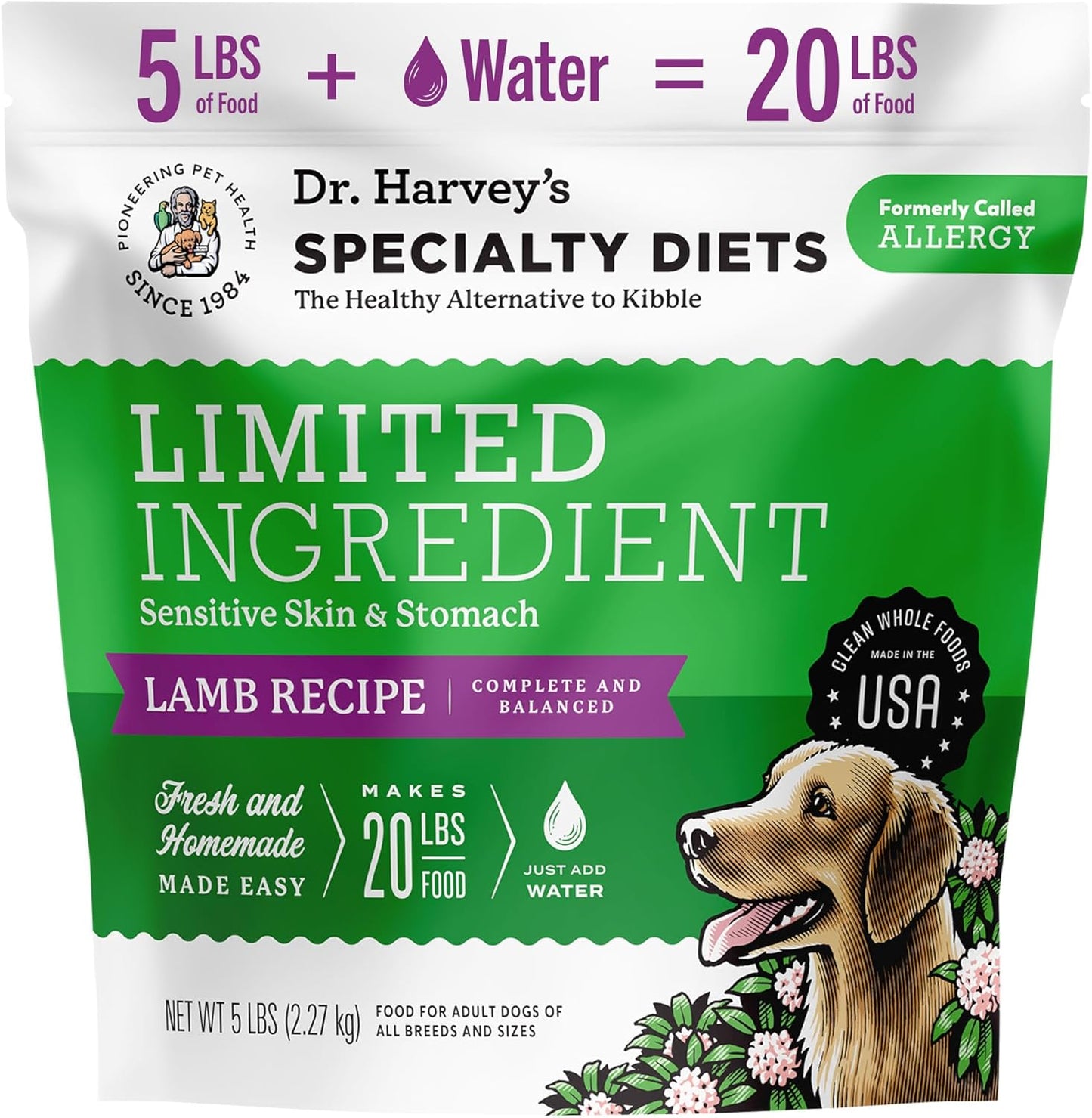 Dr. Harvey's Specialty Diet Limited Ingredient - Human Grade Dog Food for Dogs with Sensitivities - Lamb Recipe (5 Pounds)