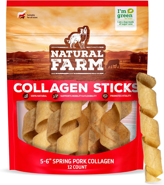 "Natural Farm Curly Pork Collagen Sticks (5-6 Inch, 1 Pack), Fully Digestible & Natural Dog Chews, Flavorful & Long Lasting, Best for Small & Medium Chewers, Odor-Free Rawhide Alternative"