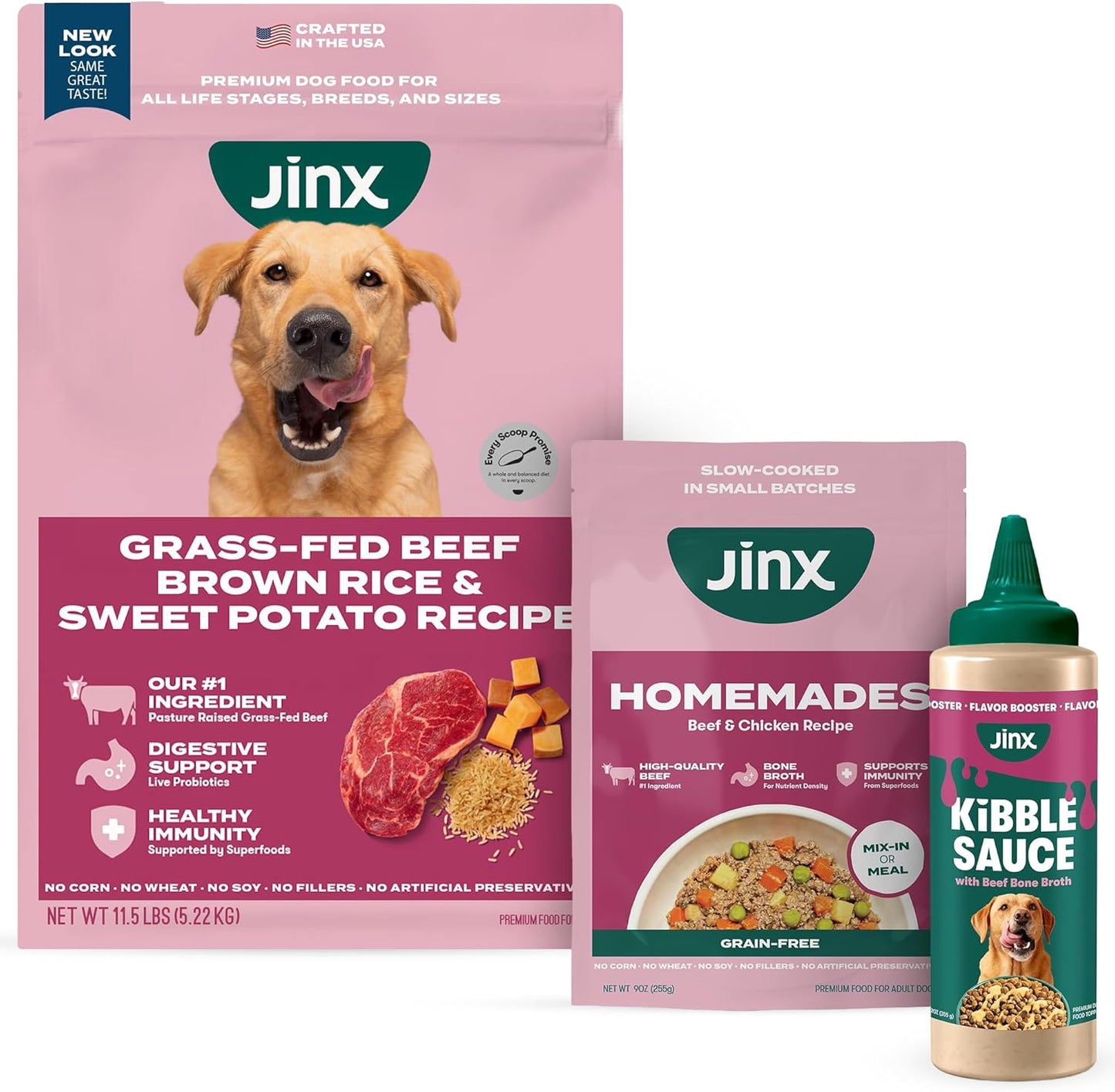 Jinx Premium Dog Food Bundle - 4lb Beef Dry Dog Food, 9oz Homemades Beef & Kibble Sauce