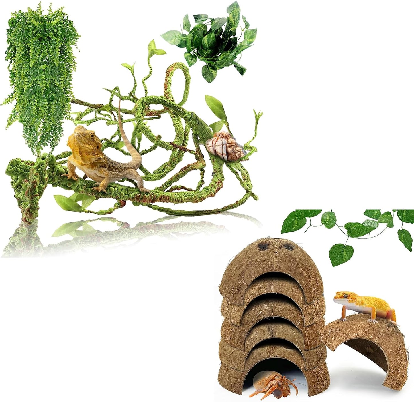 Hamiledyi Reptile Plants Bendable Jungle Climbing Vine Terrarium Branch and 7 Pcs Reptile Hideouts Natural Coconut Shells Hut for Hermit Crab Small Snake Tarantulas Lizard Chameleon Small Animal Hide