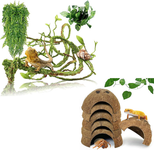 Hamiledyi Reptile Plants Bendable Jungle Climbing Vine Terrarium Branch and 7 Pcs Reptile Hideouts Natural Coconut Shells Hut for Hermit Crab Small Snake Tarantulas Lizard Chameleon Small Animal Hide