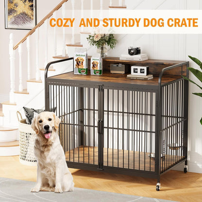 Wooden Dog Crate, Adjustable Feeder Kennel End Table for Medium Breeds, Robust Steel Frame with 360-Degree Wheels and Storage Shelf, Brown