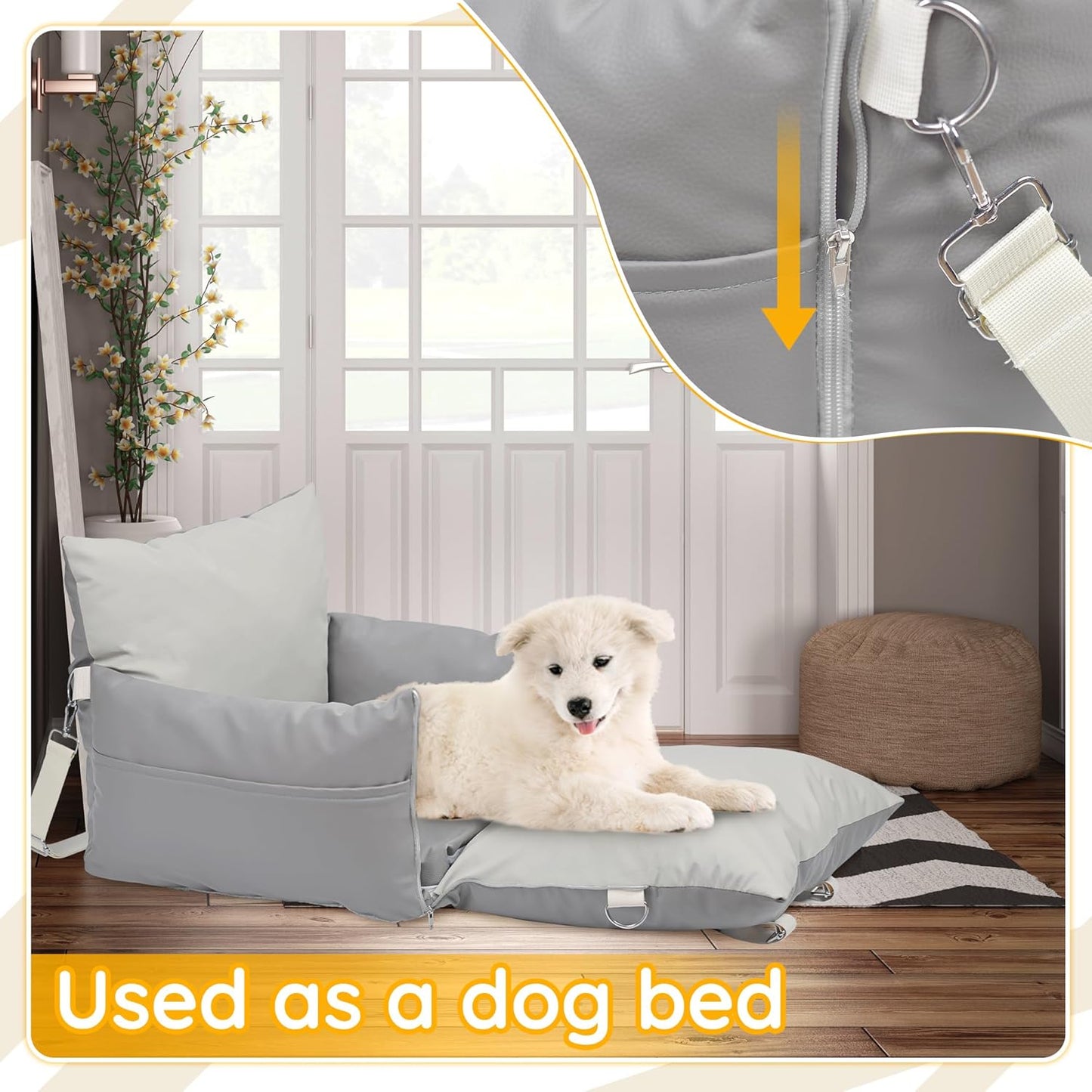 Leather Dog Car Seat for Small Dogs, Dog Booster Seat with Storage Pocket and Clip-On Safety Leash, Water/Scratch Resistant Both Indoor and Outdoor Use