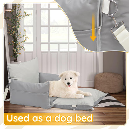 Leather Dog Car Seat for Small Dogs, Dog Booster Seat with Storage Pocket and Clip-On Safety Leash, Water/Scratch Resistant Both Indoor and Outdoor Use