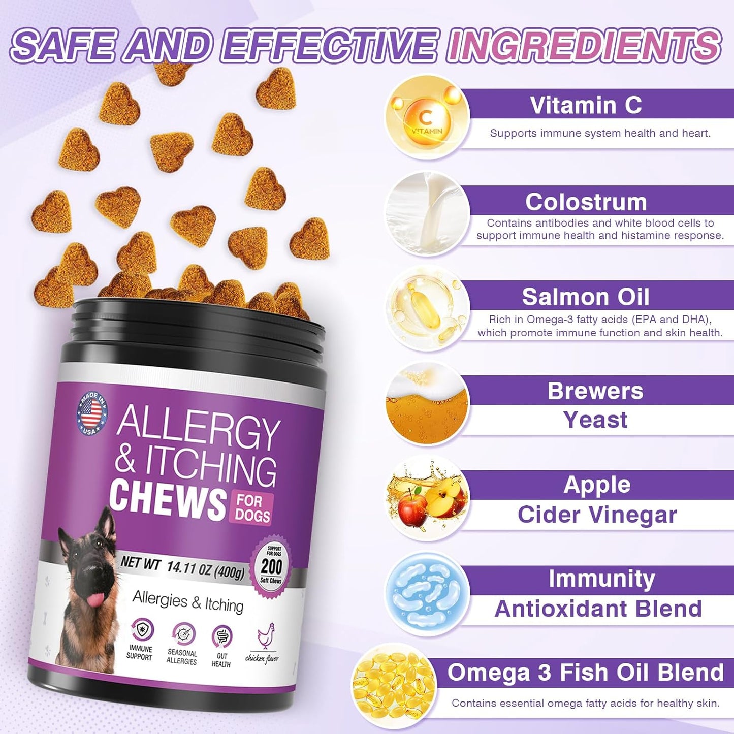 Dog Allergy Chews 200ct - Dog Allergy and Itching Skin Relief Anti Itch Aller Immune Bites for Dogs Licking Paws Treatment Relief Itchy Chew Probiotics Vitamins for Skin and Coat Allergies - Chicken