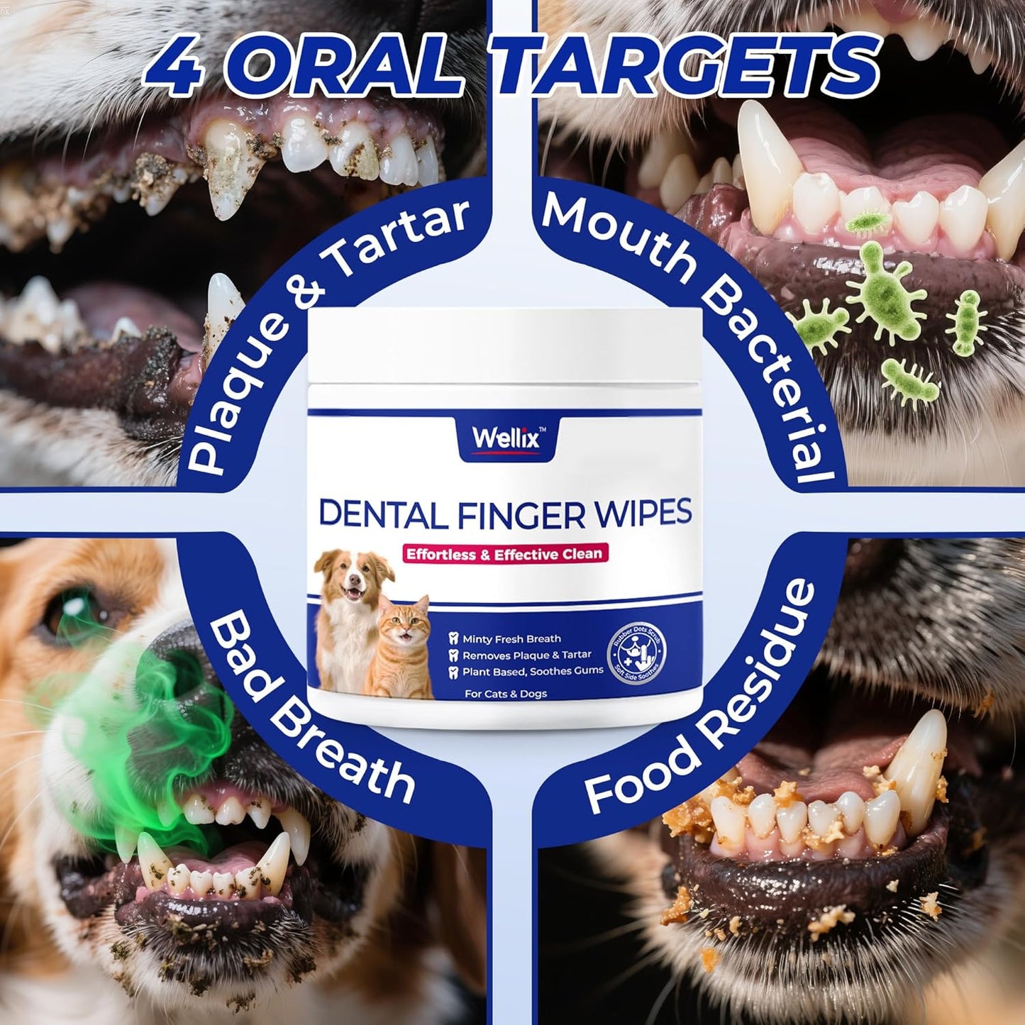 Wellix 100 Count Dog Teeth Cleaning Wipes for Dogs & Cats - Natural Formula Dental Care Finger Wipes Reduces Dog Plaque, Tartar & Bad Breath - No-Rinse Disposable Dog Dental Wipes