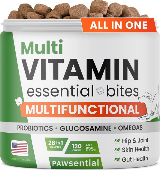 Vitamins for Dogs - 4 in 1 Complex with Omega, Glucosamine, Probiotics and Vitamins - 120ct - BBQ Pork