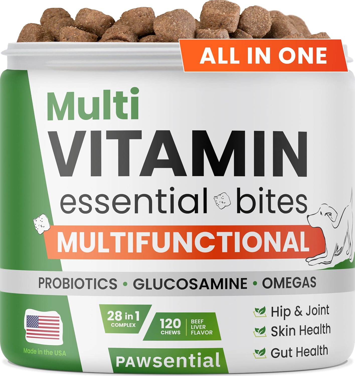 Vitamins for Dogs - 4 in 1 Complex with Omega, Glucosamine, Probiotics and Vitamins - 120ct - BBQ Pork