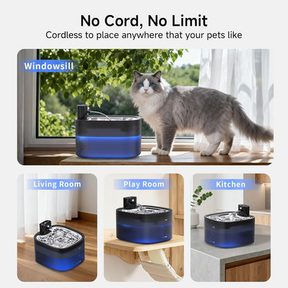 Wireless Cat Water Fountain with Stainless Steel Tray, 3.5L/118oz Rechargeable Battery Pet Water Dispenser, Ultra-Quiet Indoor Fountain with Motion Sensor, BPA-Free(2Filters)
