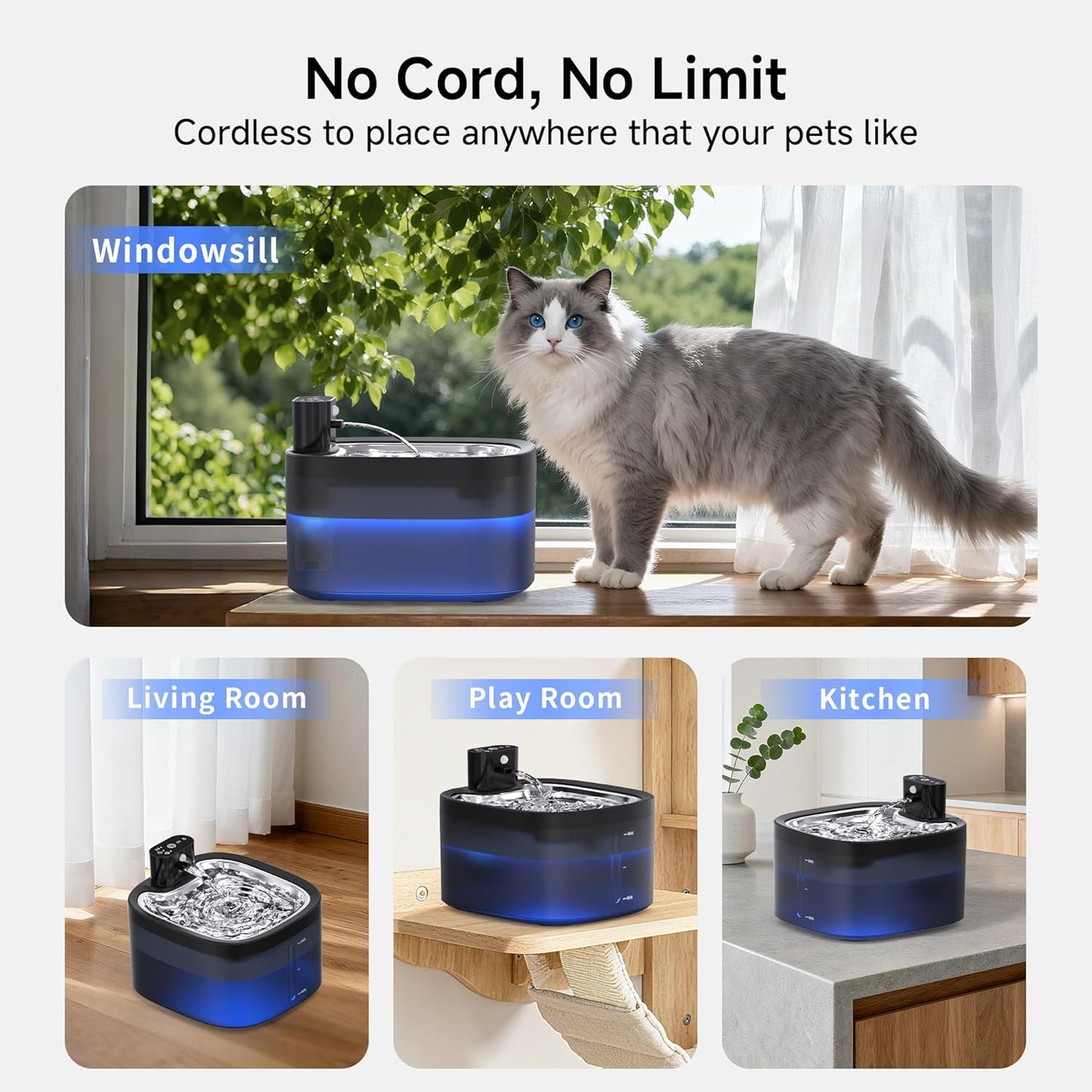 Wireless Cat Water Fountain with Stainless Steel Tray, 3.5L/118oz Rechargeable Battery Pet Water Dispenser, Ultra-Quiet Indoor Fountain with Motion Sensor, BPA-Free(2Filters)