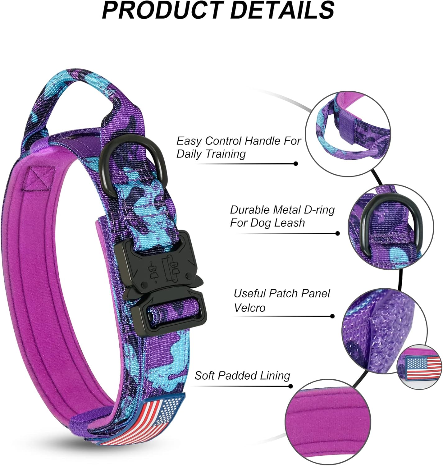 Hotsky Tactical Dog Collar, Adjustable Military Training Nylon Airtag Collar with Handle and Heavy Duty Metal Buckle for Medium Large Dogs, with Airtag Holder and Two Patches（Purple Camo,XL）