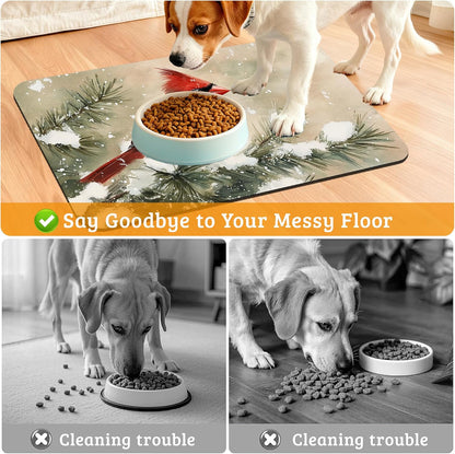 Pet Feeding Mat,Cardinal Bird Absorbent Dog Cat Food Mat Christmas Dog Mat with Rubber Backing,Non-Slip Water Bowl Placemat,Pet Supplies 16" x 24"