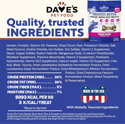 Dave's Pet Food Freeze Dried Venison Treats for Dogs with Pumpkin Fiber & Probiotics, Easy to Digest, Complete & Balanced Nutritious, Freeze Dried Dog Food Topper, USA Made (10 oz)