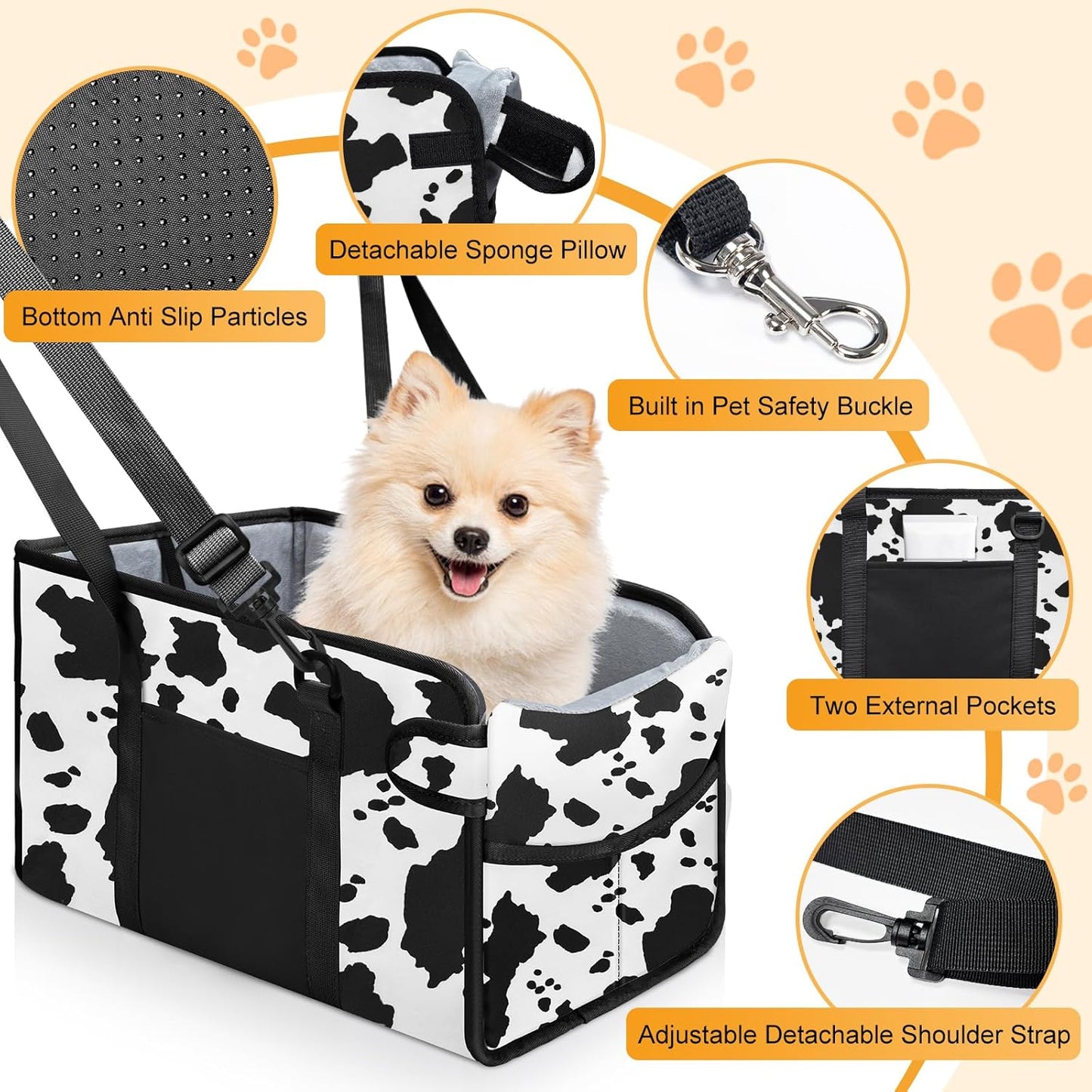 Portable Dog Car Seat for Small Dogs - Adjustable Safety Leash, Washable Cushion & Storage Pocket - Pet Booster Seat for Car Travel- Cow Pattern