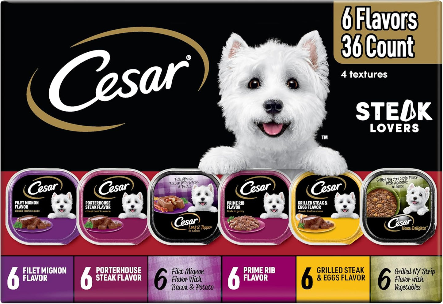Cesar Adult Wet Dog Food Steak Lovers Variety Pack with Real Meat, 3.5 oz. Easy Peel Trays, 36 Count
