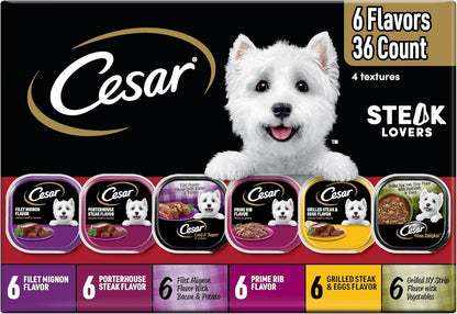 Cesar Adult Wet Dog Food Steak Lovers Variety Pack with Real Meat, 3.5 oz. Easy Peel Trays, 36 Count