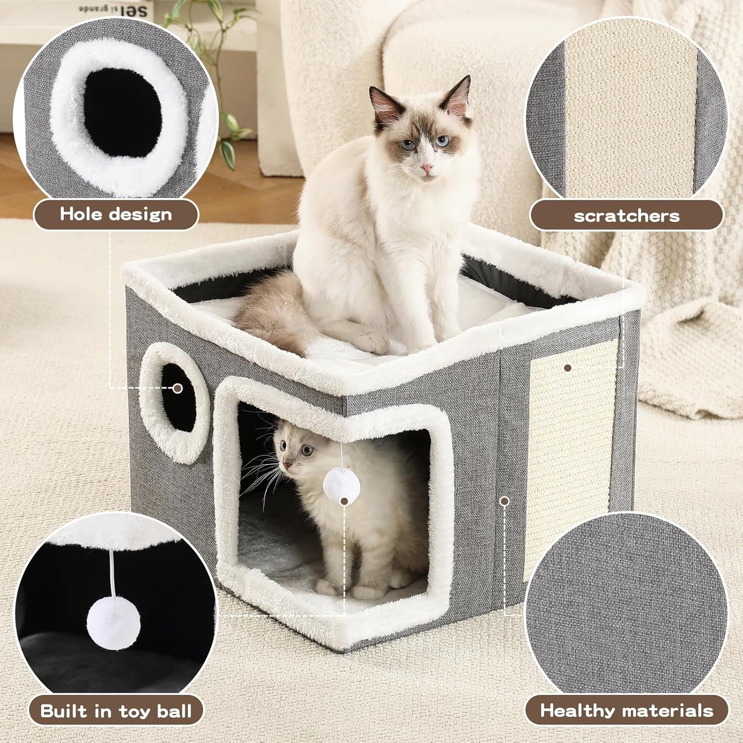 Cat Houses for Indoor Cats - Large Cat Bed Cave with Scratch Pad and Fluffy Ball, Foldable Cat Hideaway, Kitten Bed with Cozy Condo, 16.5x16.5x13 inches, Grey (Grey, Large)