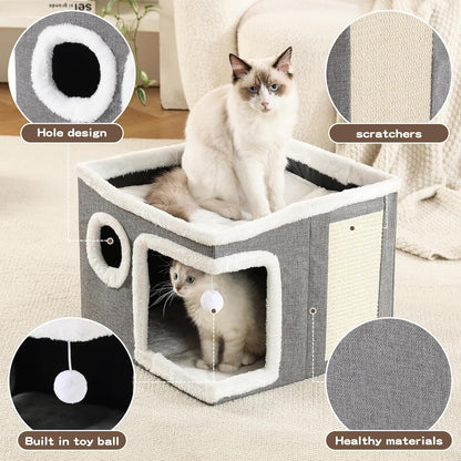 Cat Houses for Indoor Cats - Large Cat Bed Cave with Scratch Pad and Fluffy Ball, Foldable Cat Hideaway, Kitten Bed with Cozy Condo, 16.5x16.5x13 inches, Grey (Grey, Large)