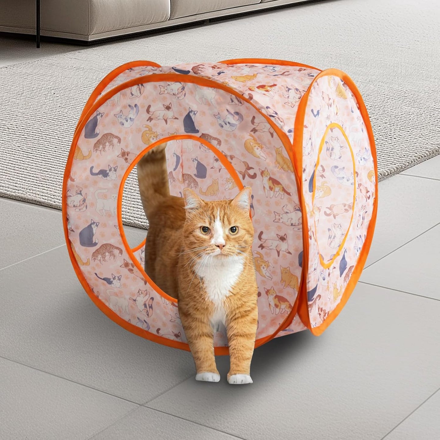 Andiker Small Cat Tents for Indoor Cats, Summer Fruit Patten 15" Foldable Cat Tube with 1 Plush Ball and 3 Holes Kitten Hide-and-Seek Toy to Relieve Boredom Also for Kitten Rabbits (Orange)