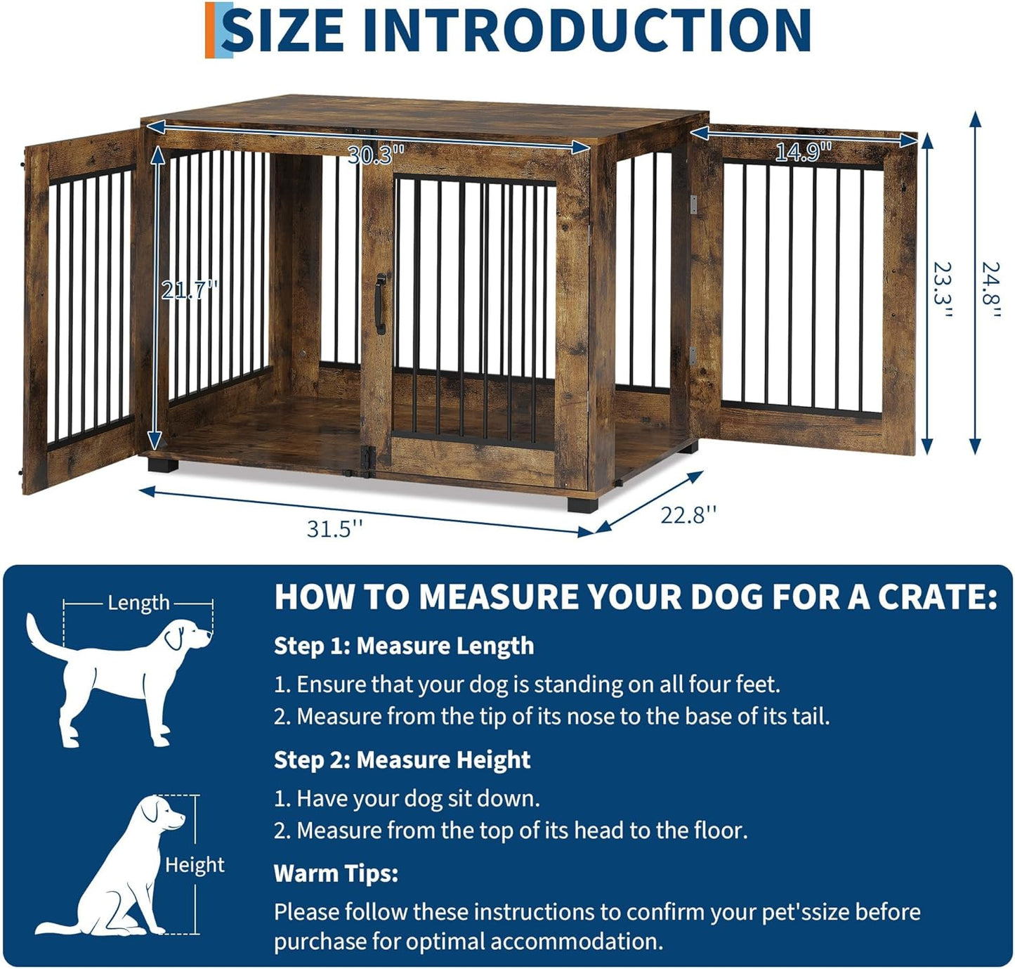 31.5" Wooden Dog Crate Furniture, Indoor Dog Kennel End Table with Dual Doors, Rustic Decorative Pet House Cage, for Medium-Size Dogs, Chew-Resistant, Ventilated, Brown