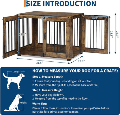 31.5" Wooden Dog Crate Furniture, Indoor Dog Kennel End Table with Dual Doors, Rustic Decorative Pet House Cage, for Medium-Size Dogs, Chew-Resistant, Ventilated, Brown