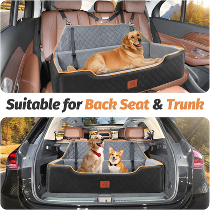 Large Dog Car Seat for Dods Under 100 Lbs, Memory Foam Dog Car Bed for Backseat & Trunk, Detachable and Washable Cover, Pet Travel Seat with Storage Pockets, 2 Safety Belts