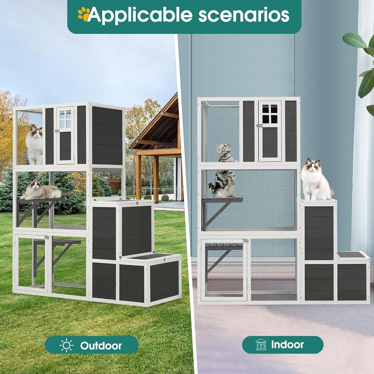 KEIKI Outdoor Cat Catio Enclosures 3-Tier Wooden Cat House with 4 Platforms and 2 Doors, Kitty House Shelter with a Jump Box for Hiding and Resting, 71"H Tall Kitten Cage for 1-3 Pets, UV-Proof, Gray